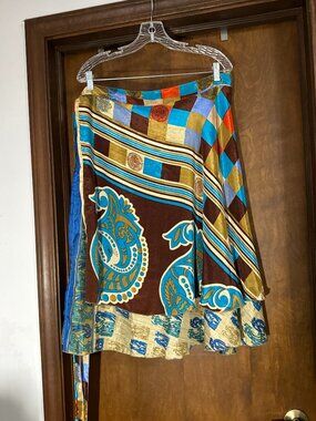 Darn Good Yarn Sari Silk Wrap Skirt Womens Goddess Mini Boho Gypsy Reversible